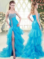 Elegant Aqua Blue Sleeveless Brush Train Beading and Ruffled Layers Evening Dress