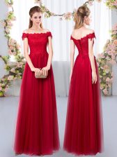  Wine Red Empire Lace Vestidos de Damas Lace Up Tulle Sleeveless Floor Length