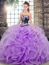 Decent Lavender Quinceanera Dress Military Ball and Sweet 16 and Quinceanera with Embroidery and Ruffles Sweetheart Sleeveless Sweep Train Lace Up