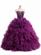 Flirting Floor Length Lace Up Quinceanera Dresses Purple for Military Ball and Sweet 16 and Quinceanera with Beading and Ruffles