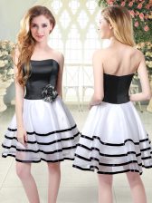  Mini Length White And Black Prom Gown Organza Sleeveless Ruffled Layers and Hand Made Flower