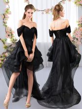 Customized Short Sleeves High Low Lace and Ruffled Layers Lace Up Quinceanera Dama Dress with Black