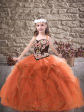 Dazzling Rust Red Ball Gowns Tulle Straps Sleeveless Embroidery and Ruffles Floor Length Lace Up Pageant Dress Toddler