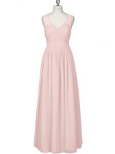  Pink Zipper V-neck Ruching Prom Dress Chiffon Sleeveless