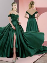 Best Selling Green Satin Lace Up Prom Gown Sleeveless Sweep Train Beading