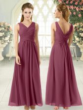  V-neck Sleeveless Prom Dress Ankle Length Ruching Burgundy Chiffon