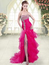 Dynamic Sweetheart Sleeveless Organza Prom Evening Gown Beading and Ruffled Layers Brush Train Lace Up