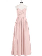  Floor Length Pink Prom Dress Spaghetti Straps Sleeveless Criss Cross