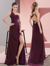 On Sale Dark Purple Sleeveless Satin Sweep Train Backless Homecoming Dress for Prom and Party and Military Ball