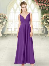 Flare Purple Chiffon Zipper V-neck Sleeveless Ankle Length Prom Dress Ruching