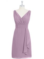 Luxurious Column/Sheath Prom Dresses Purple V-neck Chiffon Sleeveless Knee Length Zipper