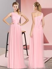  Sleeveless Floor Length Ruching Lace Up Prom Dress with Pink 