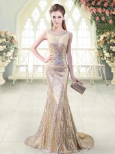 Luxurious Zipper Evening Dress Gold for Prom and Party and Military Ball with Beading Brush Train