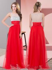 Edgy Floor Length Red Prom Party Dress Chiffon Sleeveless Sequins