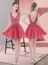 Inexpensive Watermelon Red Backless Dress for Prom Beading Sleeveless Mini Length