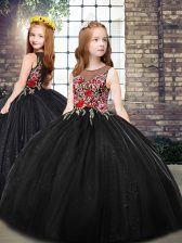 Amazing Sleeveless Floor Length Embroidery Zipper Little Girl Pageant Dress with Black