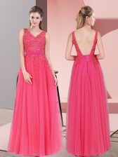  Lace Prom Dresses Hot Pink Backless Sleeveless Floor Length