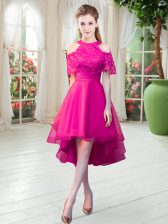  Tulle High-neck Short Sleeves Zipper Lace Prom Gown in Hot Pink