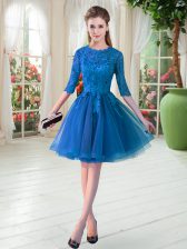  Half Sleeves Knee Length Lace Zipper Evening Dress with Blue