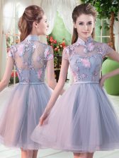 Extravagant Grey A-line High-neck Short Sleeves Tulle Knee Length Zipper Appliques Prom Gown