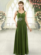 Glamorous Spaghetti Straps Sleeveless Dress for Prom Floor Length Beading and Ruching Olive Green Chiffon