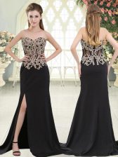 Exquisite Black Column/Sheath Elastic Woven Satin Sweetheart Sleeveless Beading and Appliques Zipper Prom Gown Sweep Train