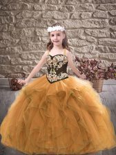Gorgeous Gold Ball Gowns Tulle Straps Sleeveless Embroidery and Ruffles Floor Length Lace Up Winning Pageant Gowns