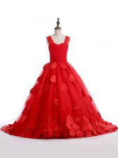 Wonderful Red Tulle Lace Up Pageant Gowns Sleeveless Brush Train Appliques