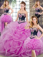  Lilac Ball Gowns Embroidery and Ruffles Sweet 16 Dresses Lace Up Sleeveless