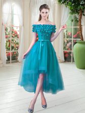 Fashion High Low Lace Up Dress for Prom Teal for Prom and Party with Appliques
