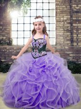  Lavender Ball Gowns Embroidery and Ruffles Little Girls Pageant Gowns Lace Up Tulle Sleeveless Floor Length