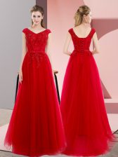  Red A-line V-neck Short Sleeves Tulle Floor Length Sweep Train Lace Up Beading and Lace Prom Dress