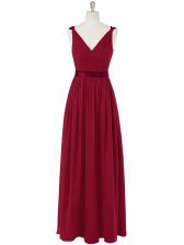  Wine Red Zipper V-neck Ruching and Belt Evening Dress Chiffon Sleeveless