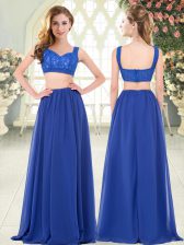 Cute Royal Blue Straps Zipper Beading and Lace Evening Dress Sleeveless
