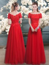  Red A-line Lace Prom Party Dress Lace Up Tulle Short Sleeves Floor Length