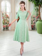  Tea Length Apple Green Prom Evening Gown V-neck Half Sleeves Zipper