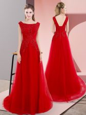  Red Lace Up Bateau Beading and Appliques Prom Dresses Tulle Sleeveless Sweep Train