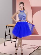  Royal Blue Sleeveless Knee Length Beading Backless Prom Party Dress