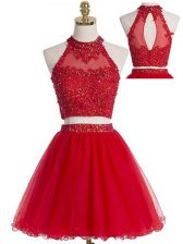 Stylish Red Two Pieces Tulle Halter Top Sleeveless Beading and Appliques Mini Length Zipper Prom Party Dress