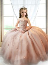  Pink A-line Beading and Appliques Child Pageant Dress Lace Up Tulle Sleeveless Floor Length