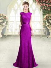 Delicate Eggplant Purple and Purple Scoop Neckline Beading and Lace Evening Dress Sleeveless Backless