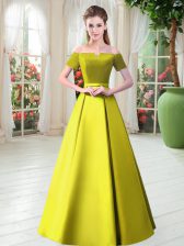 Sophisticated Floor Length Lace Up Evening Dress Yellow Green for Prom and Party with Belt