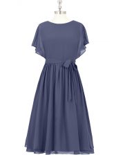Glittering Blue Chiffon Zipper Prom Dresses Short Sleeves Knee Length Bowknot