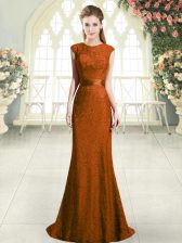  Lace Homecoming Dress Brown Backless Cap Sleeves Sweep Train