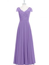 Dramatic Chiffon Scalloped Cap Sleeves Zipper Lace in Lavender