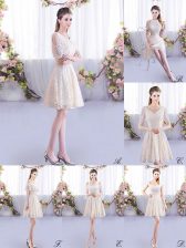  Champagne Lace Up Quinceanera Court of Honor Dress Lace Short Sleeves Mini Length