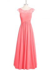  Lace Prom Evening Gown Pink Zipper Cap Sleeves Floor Length