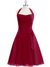 Cute Knee Length Wine Red Prom Gown Chiffon Sleeveless Ruching
