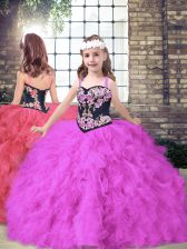  Embroidery and Ruffles Glitz Pageant Dress Fuchsia Lace Up Sleeveless Floor Length