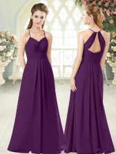 Perfect Chiffon Spaghetti Straps Sleeveless Zipper Ruching Prom Evening Gown in Purple